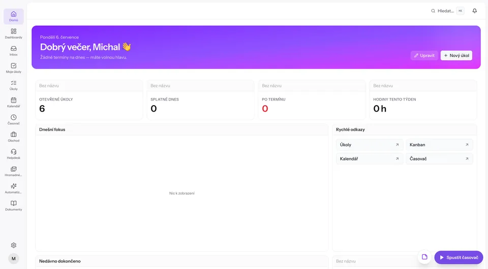 Dashboard s widgety pro otevřené úkoly, termíny a odpracované hodiny