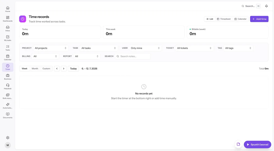 Time tracking screen with live timer, entries list and weekly billable summary