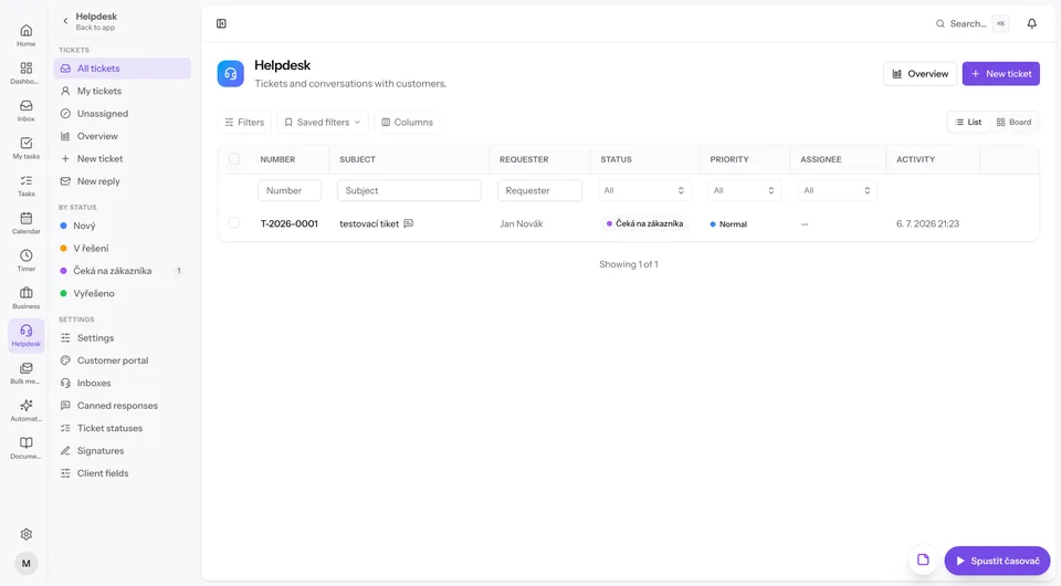 Helpdesk ticket list with filters, statuses and assignees