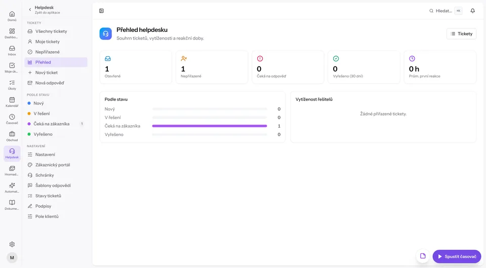 Seznam tiketů helpdesku s filtry, stavy, prioritami a řešiteli