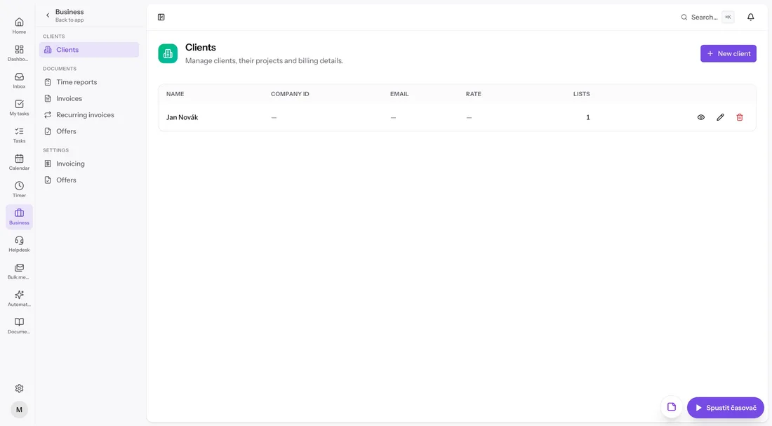 CRM client list with company details and billing information