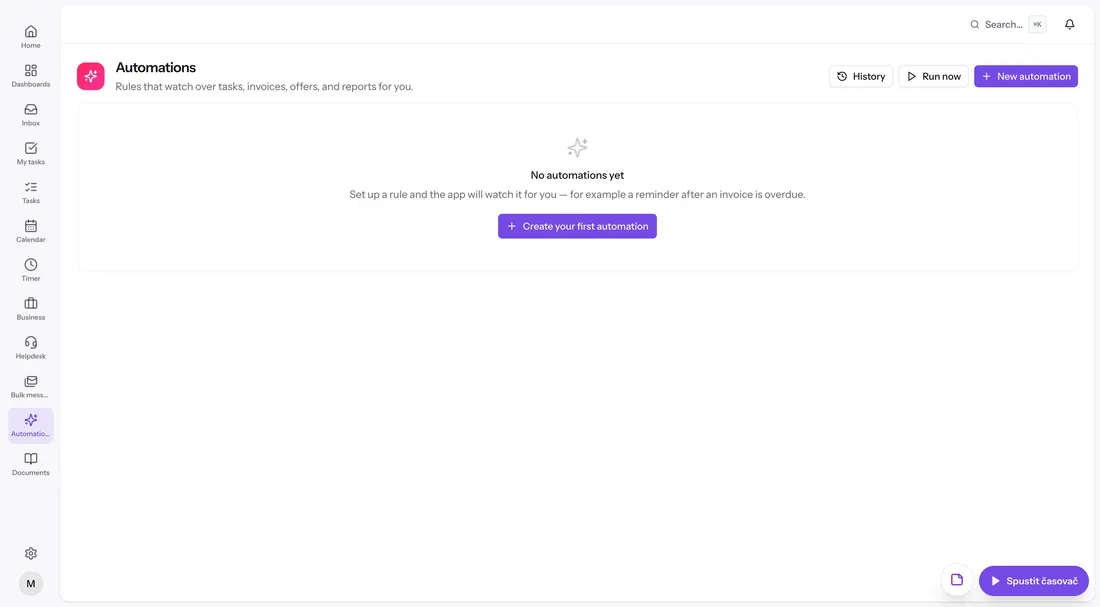 Automation rules list with conditions, actions and run history