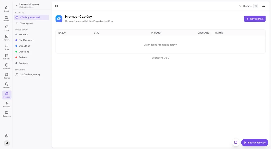 Přehled hromadných zpráv se stavy kampaní a statistikami odeslání